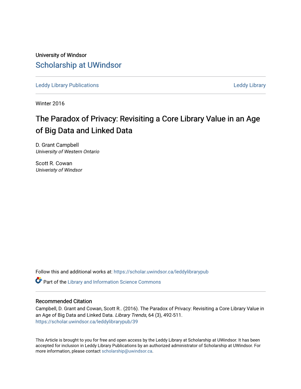 The Paradox of Privacy: Revisiting a Core Library Value in an Age of Big Data and Linked Data