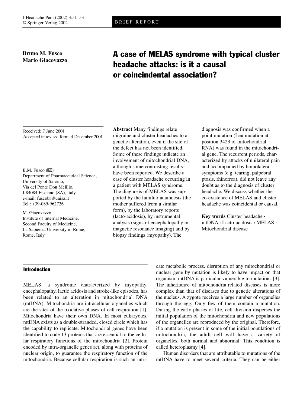 A Case of MELAS Syndrome with Typical Cluster Headache