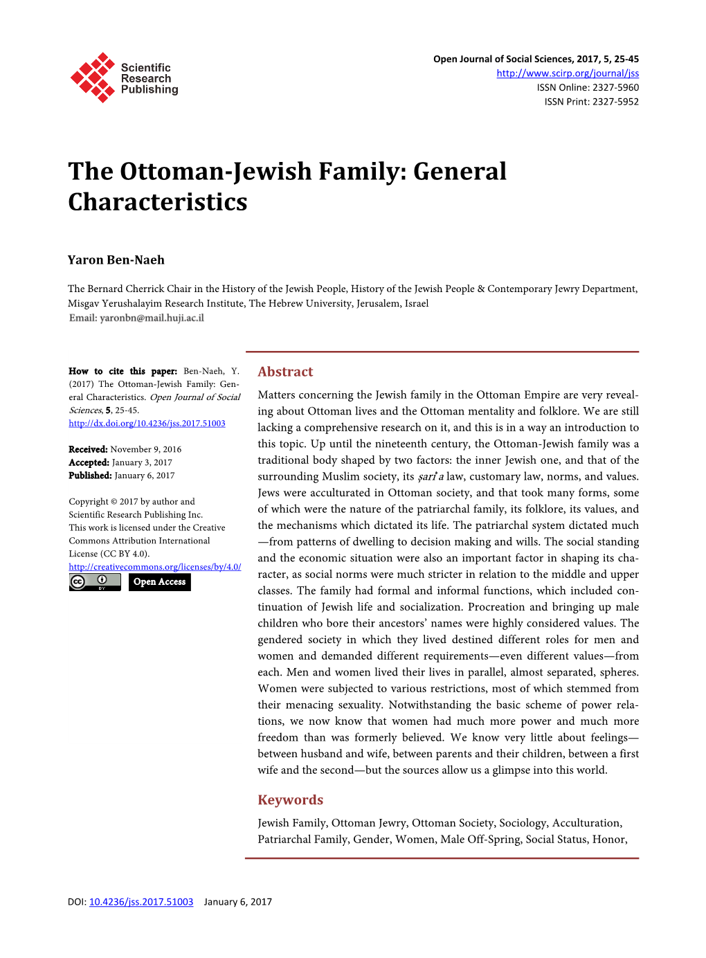 The Ottoman-Jewish Family: General Characteristics