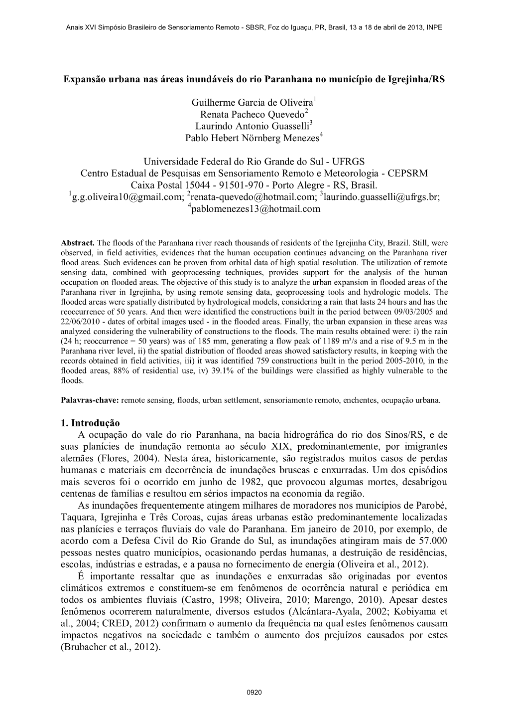 Instruções Aos Autores De Trabalhos Para O X Simpósio Brasileiro De Sensoriamento Remoto