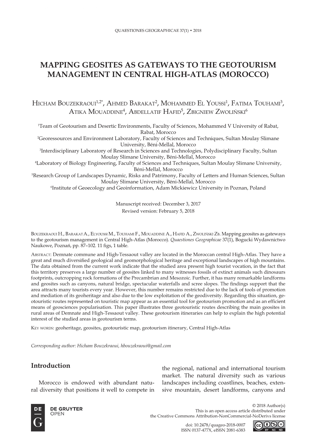 Mapping Geosites As Gateways to the Geotourism Management in Central High-Atlas (Morocco)