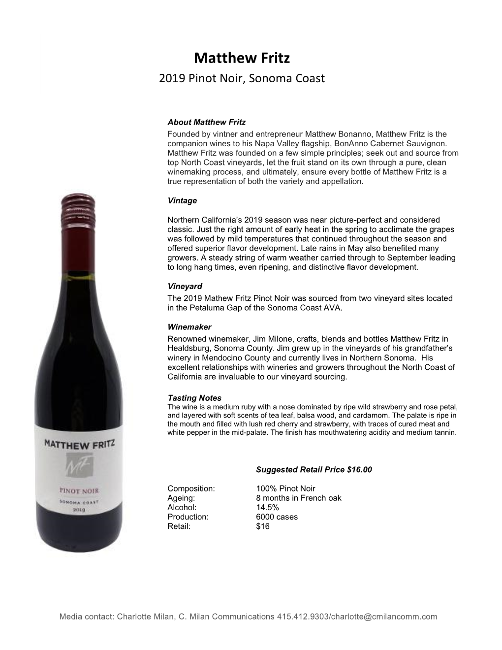 Matthew Fritz 2019 Pinot Noir, Sonoma Coast