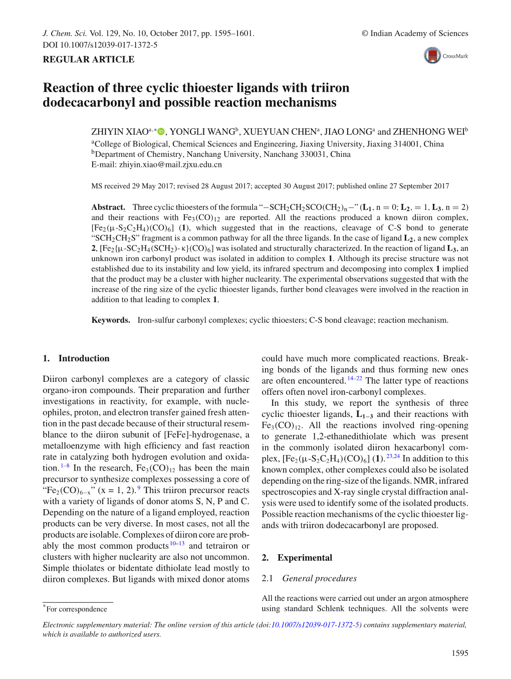 Reaction of Three Cyclic Thioester Ligands with Triiron Dodecacarbonyl and Possible Reaction Mechanisms