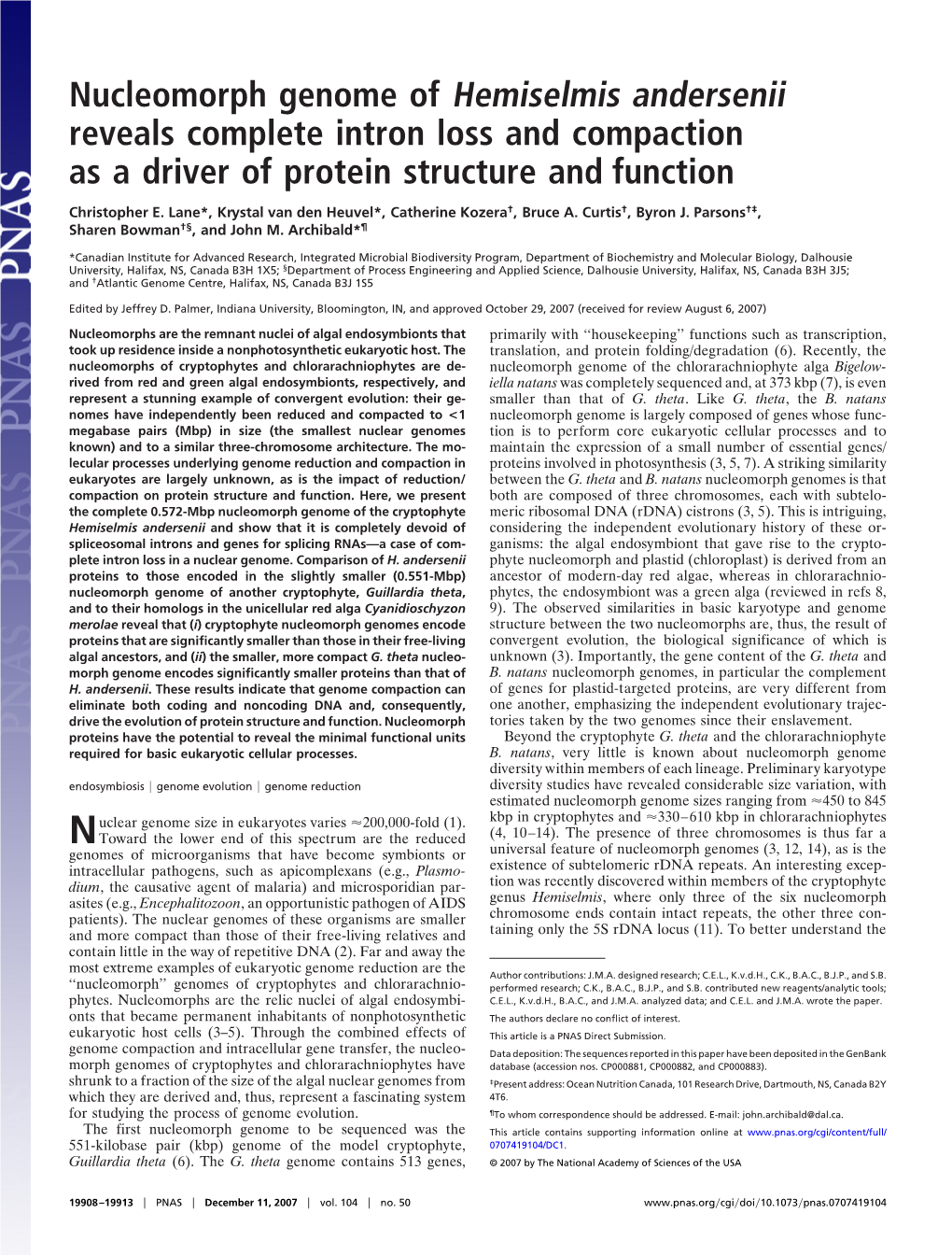 Nucleomorph Genome of Hemiselmis Andersenii Reveals Complete Intron Loss and Compaction As a Driver of Protein Structure and Function