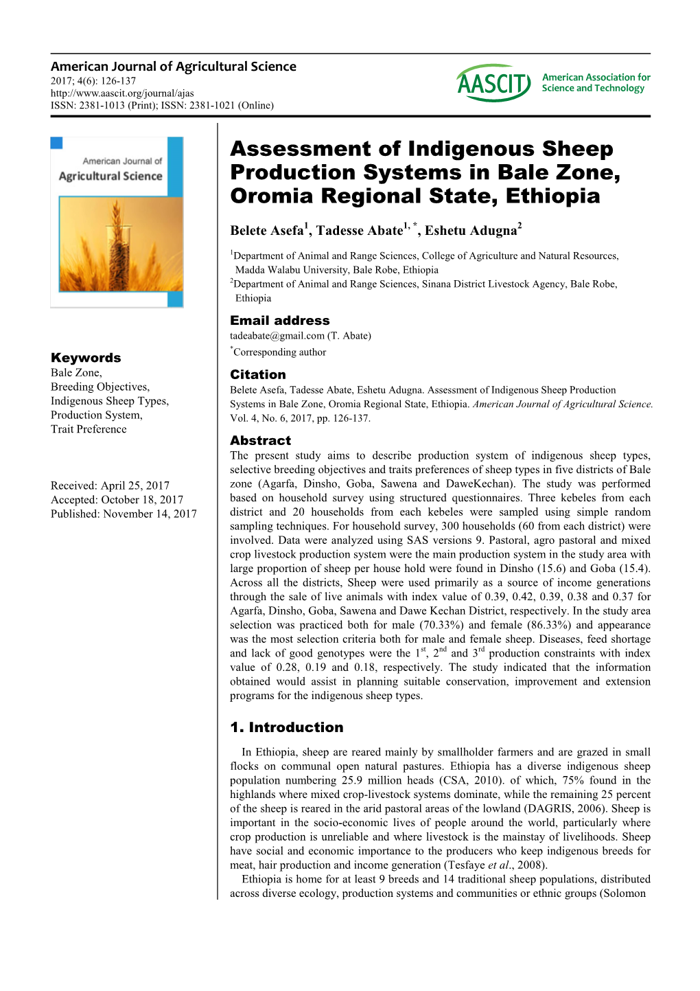 Assessment of Indigenous Sheep Production Systems in Bale Zone, Oromia Regional State, Ethiopia