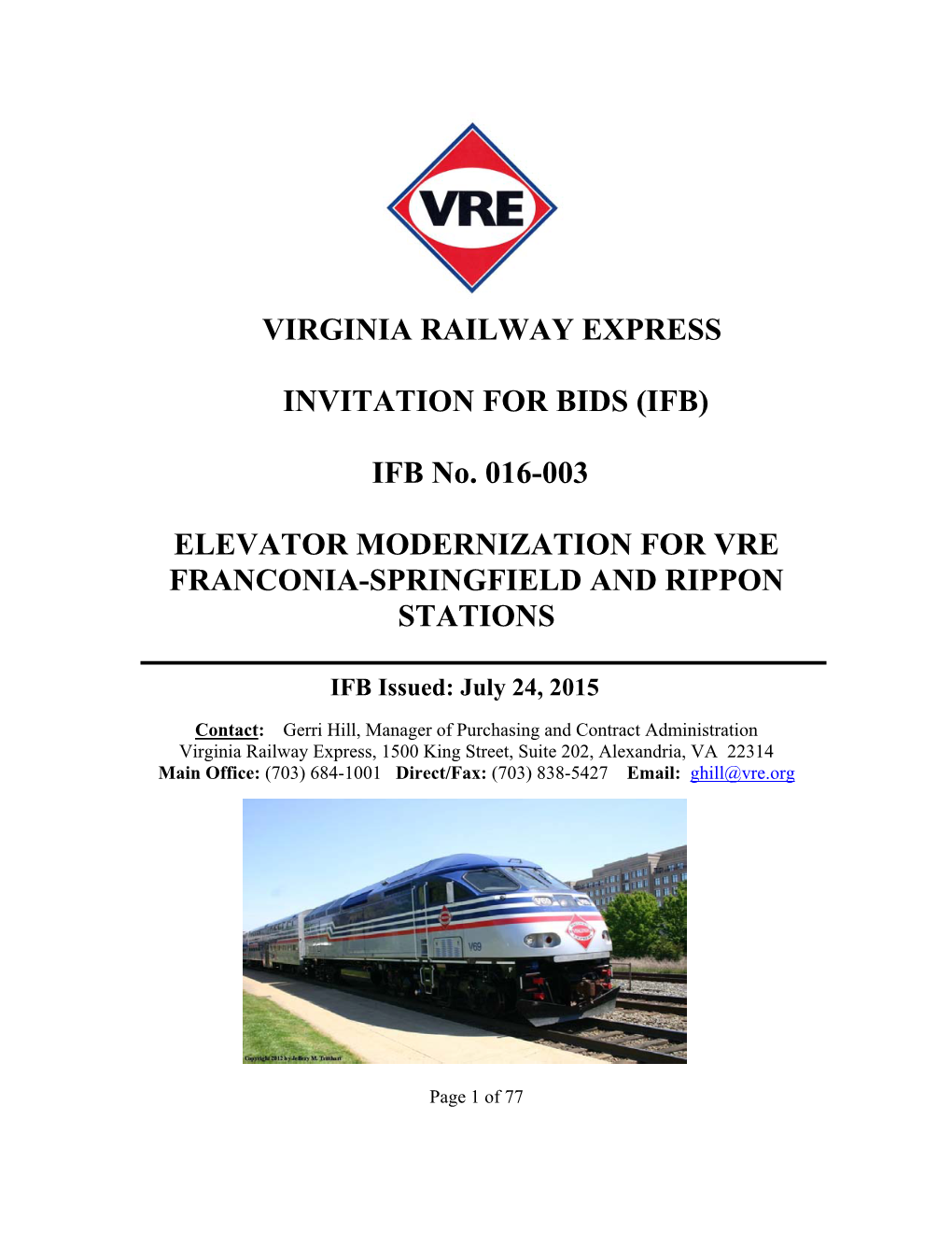 Virginia Railway Express Invitation for Bids (Ifb)