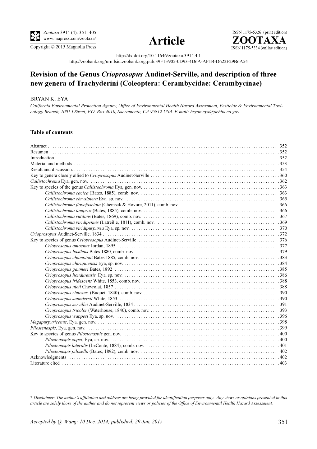 Revision of the Genus Crioprosopus Audinet-Serville, and Description of Three New Genera of Trachyderini (Coleoptera: Cerambycidae: Cerambycinae)