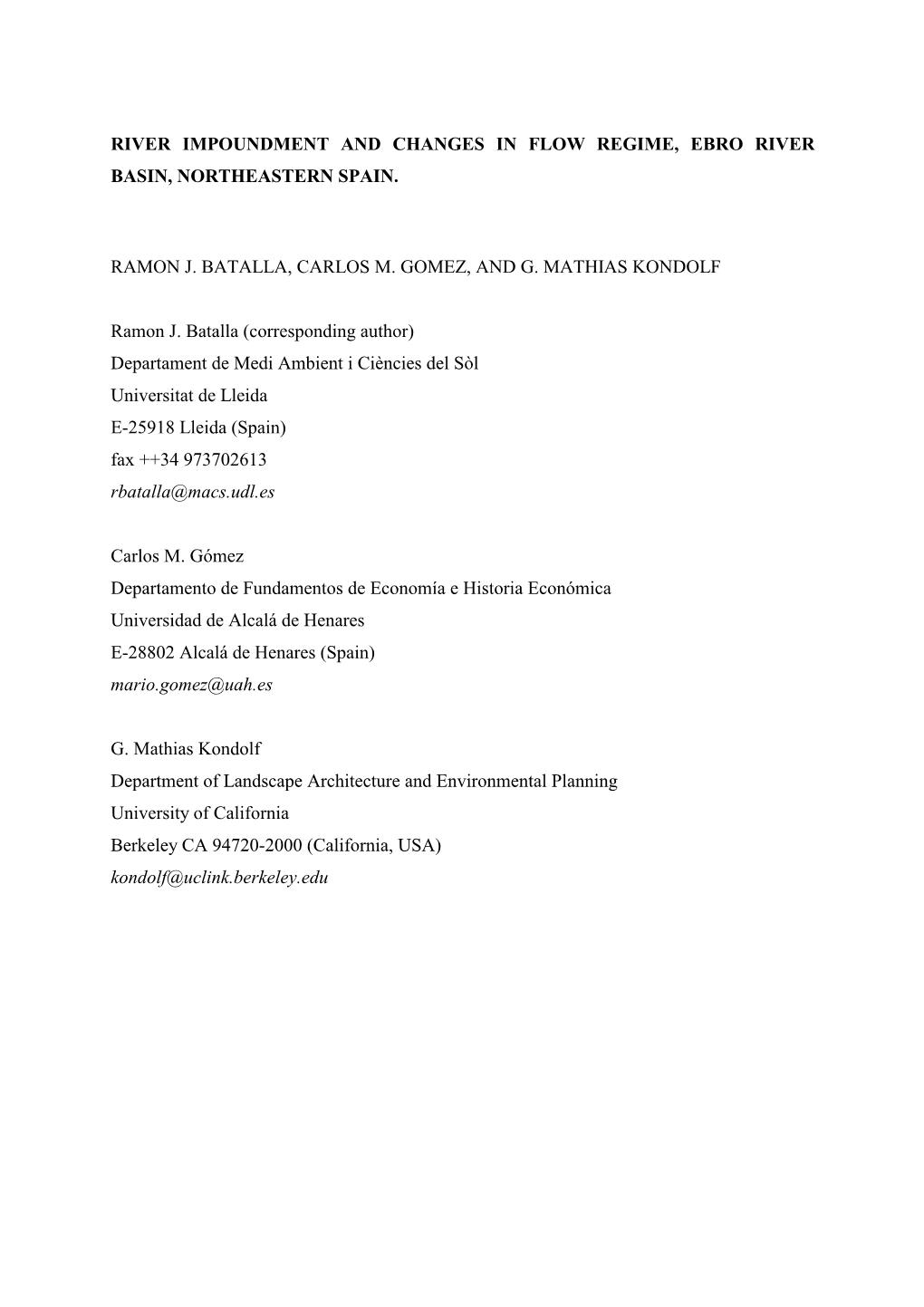 River Impoundment and Changes in Flow Regime, Ebro River Basin, Northeastern Spain