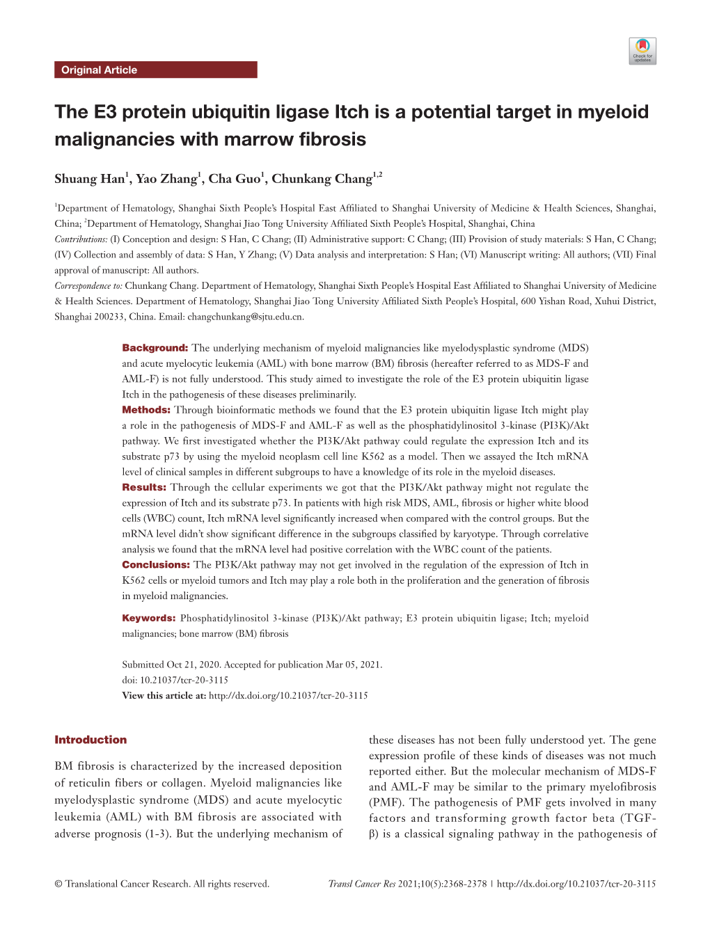 The E3 Protein Ubiquitin Ligase Itch Is a Potential Target in Myeloid Malignancies with Marrow Fibrosis