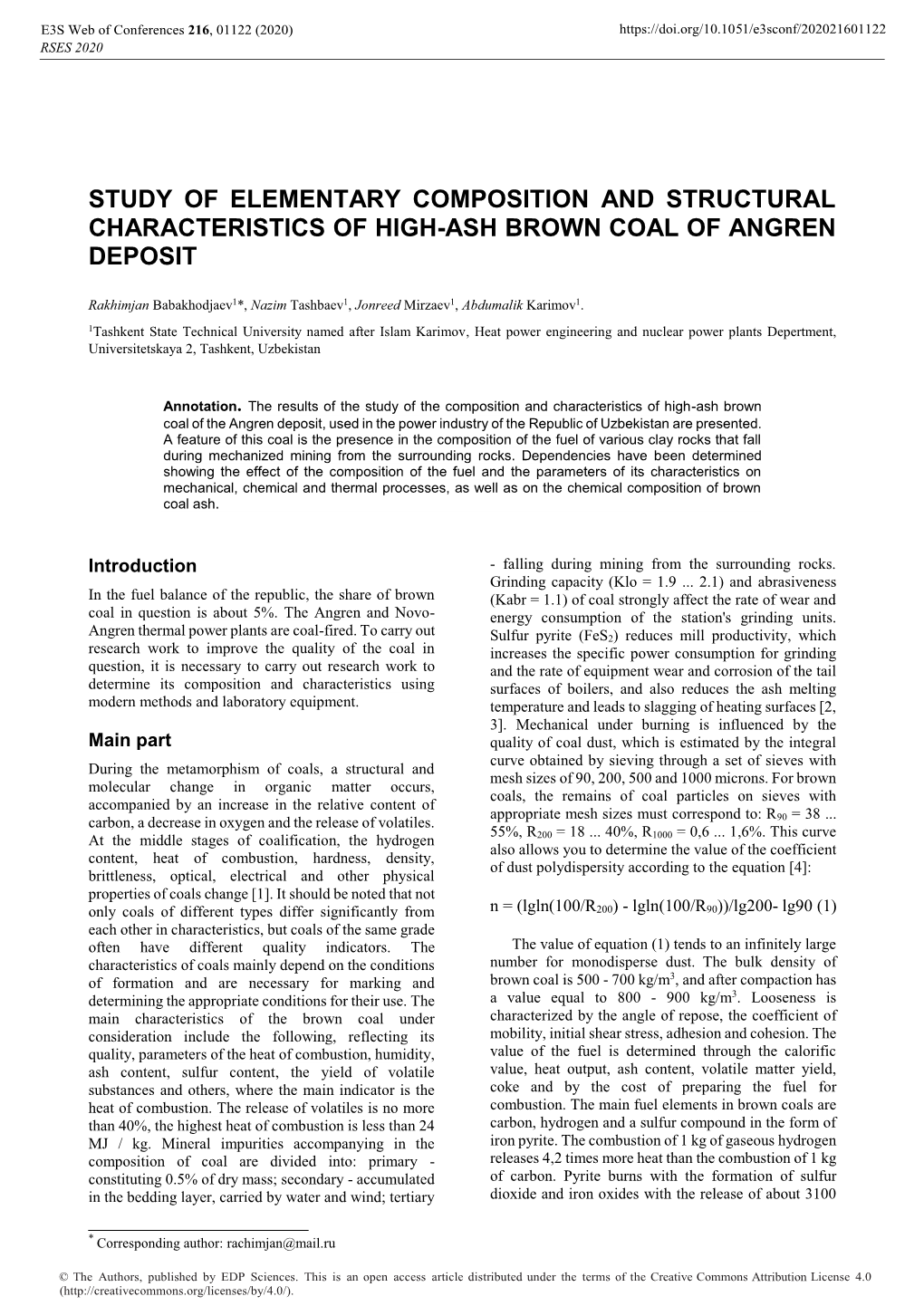 Study of Elementary Composition and Structural Characteristics of High-Ash Brown Coal of Angren Deposit