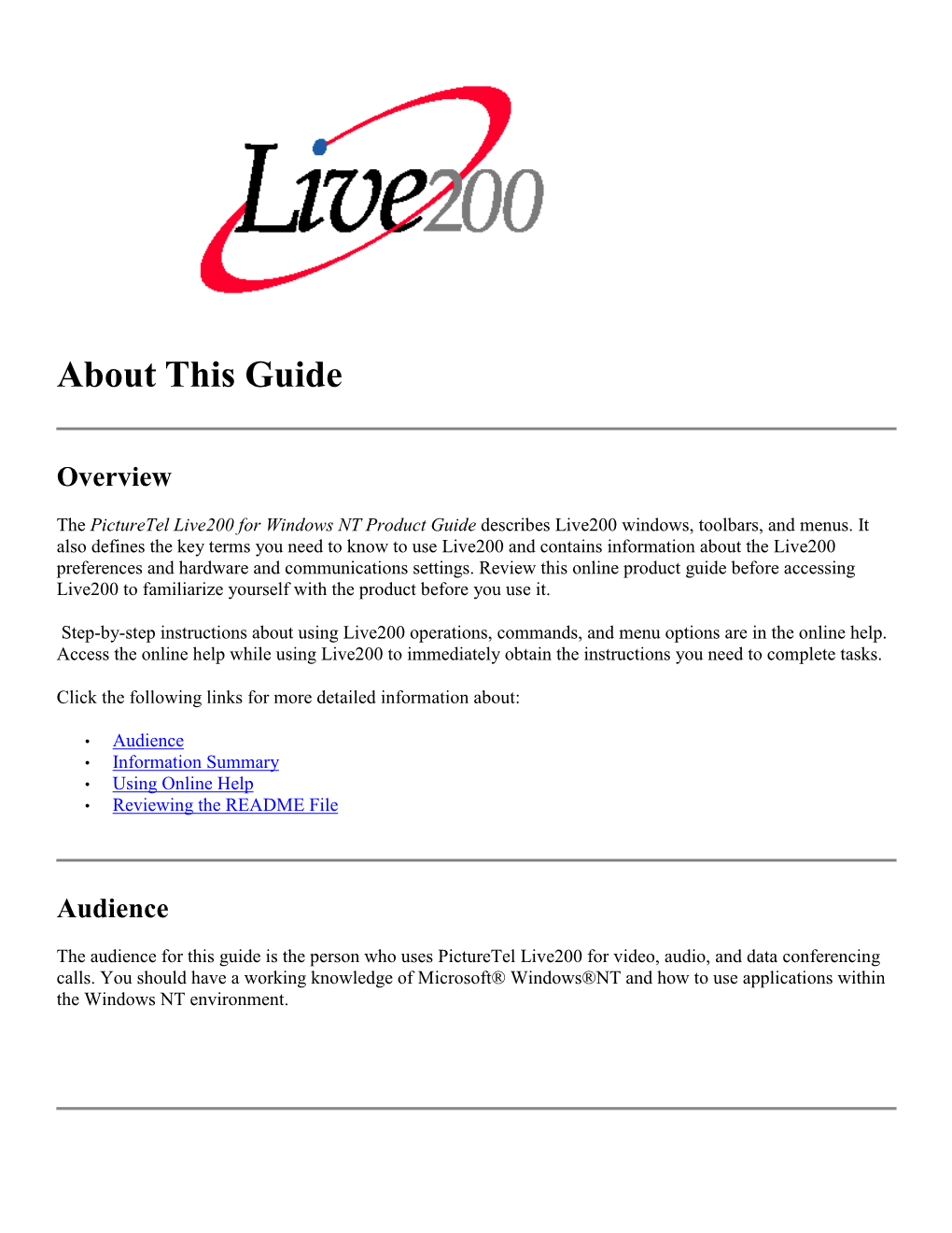 Picturetel Live200 for Windows NT Product Guide Describes Live200 Windows, Toolbars, and Menus