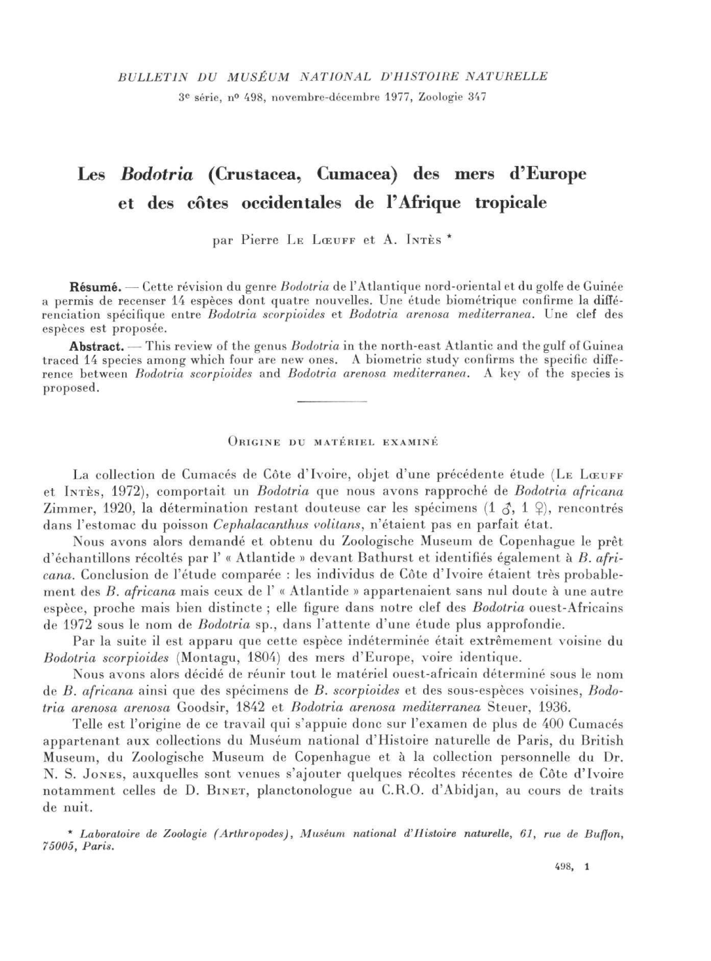 Les Bodotria (Crustacea, Cumacea) Des Mers D'europe Et Des Côtes Occidentales De L'afrique Tropicale