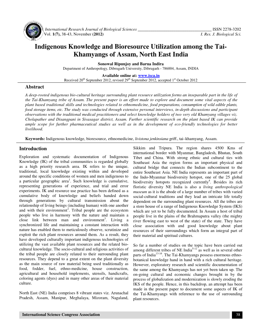 Indigenous Knowledge and Bioresource Utilization Among the Tai- Khamyangs of Assam, North East India