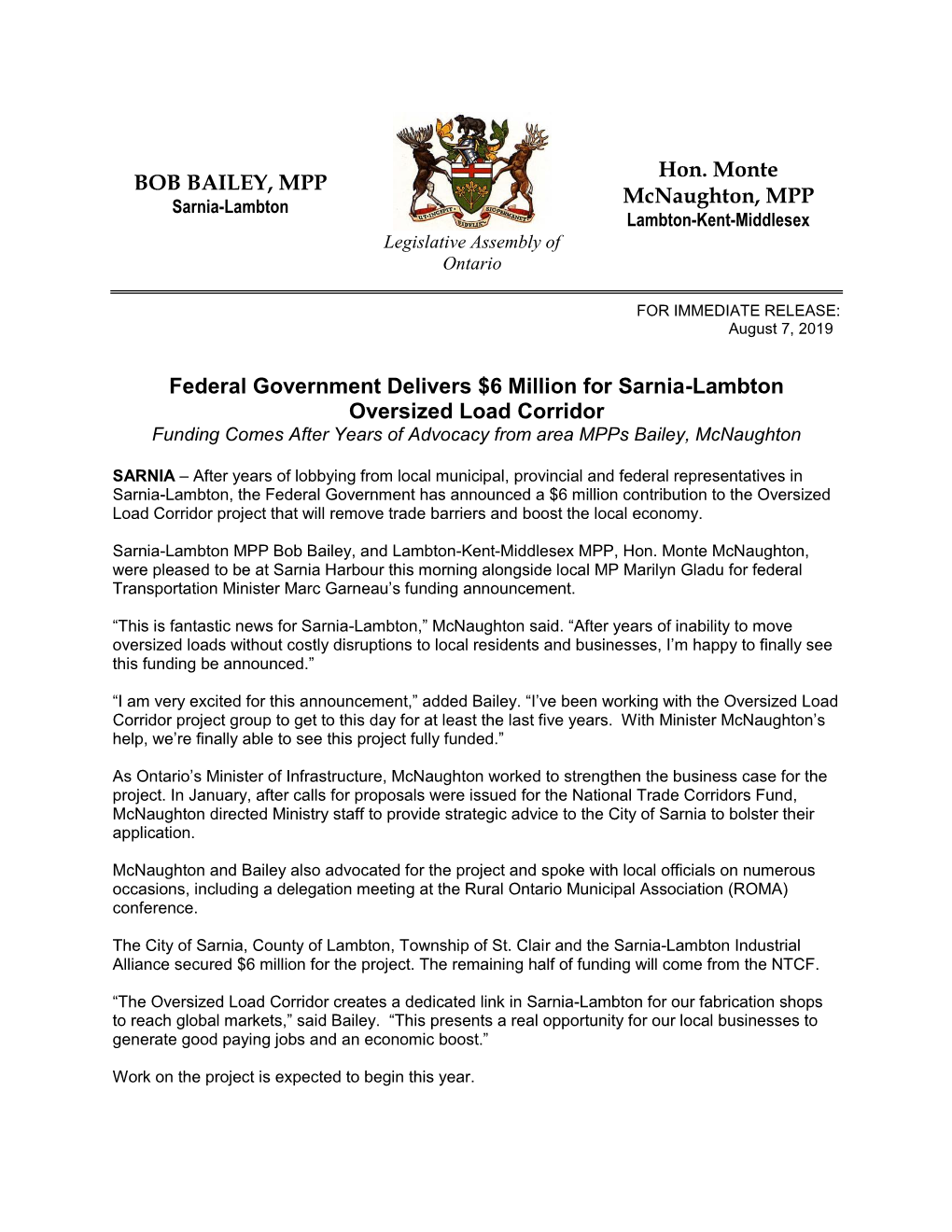 BOB BAILEY, MPP Hon. Monte Mcnaughton, MPP Federal Government Delivers $6 Million for Sarnia-Lambton Oversized Load Corridor