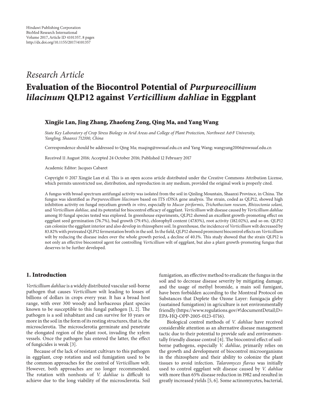 Evaluation of the Biocontrol Potential of Purpureocillium Lilacinum QLP12 Against Verticillium Dahliae in Eggplant