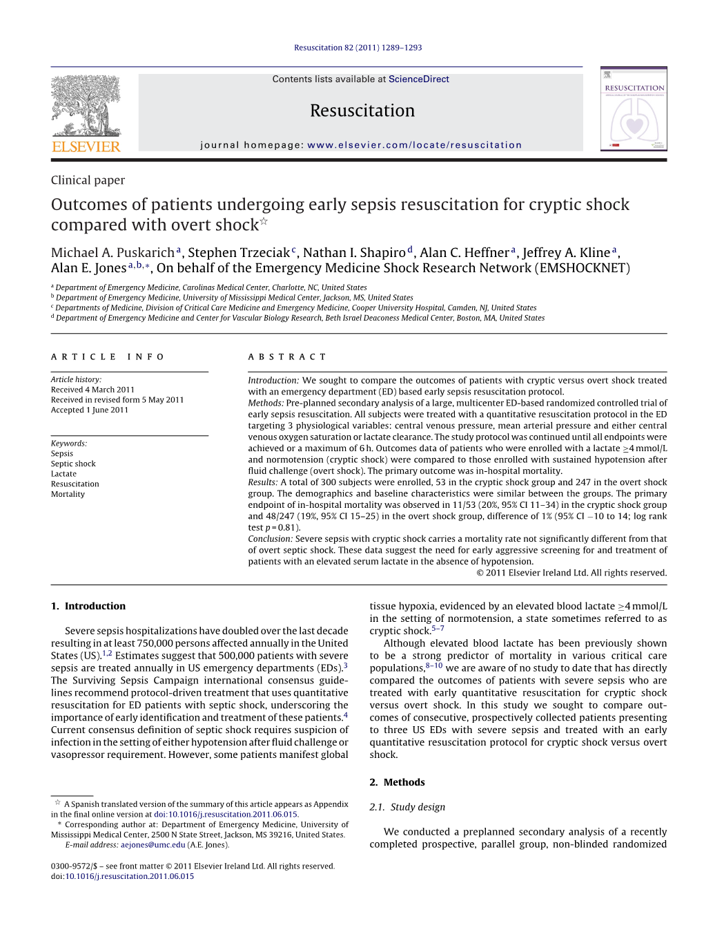 Outcomes of Patients Undergoing Early Sepsis Resuscitation for Cryptic Shock