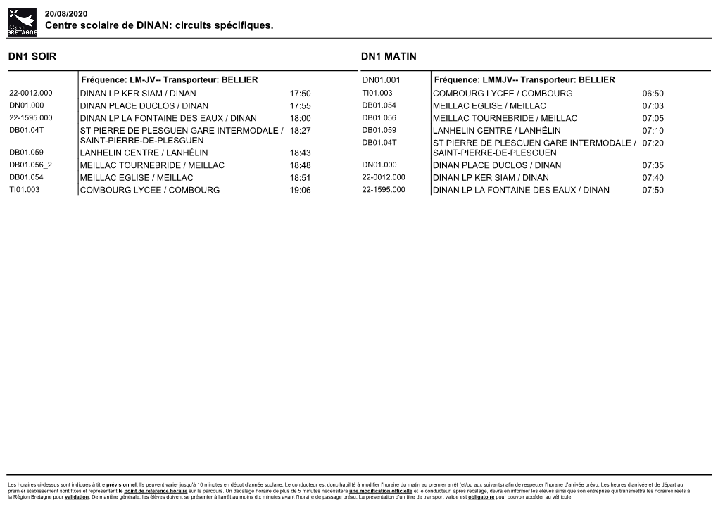Centre Scolaire De DINAN: Circuits Spécifiques. DN1 SOIR DN1 MATIN