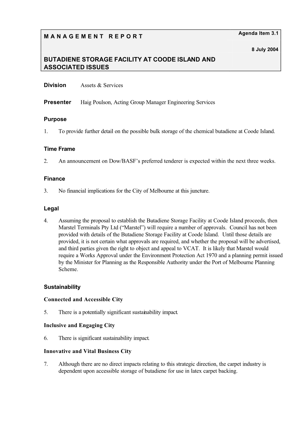 Butadiene Storage Facility at Coode Island and Associated Issues