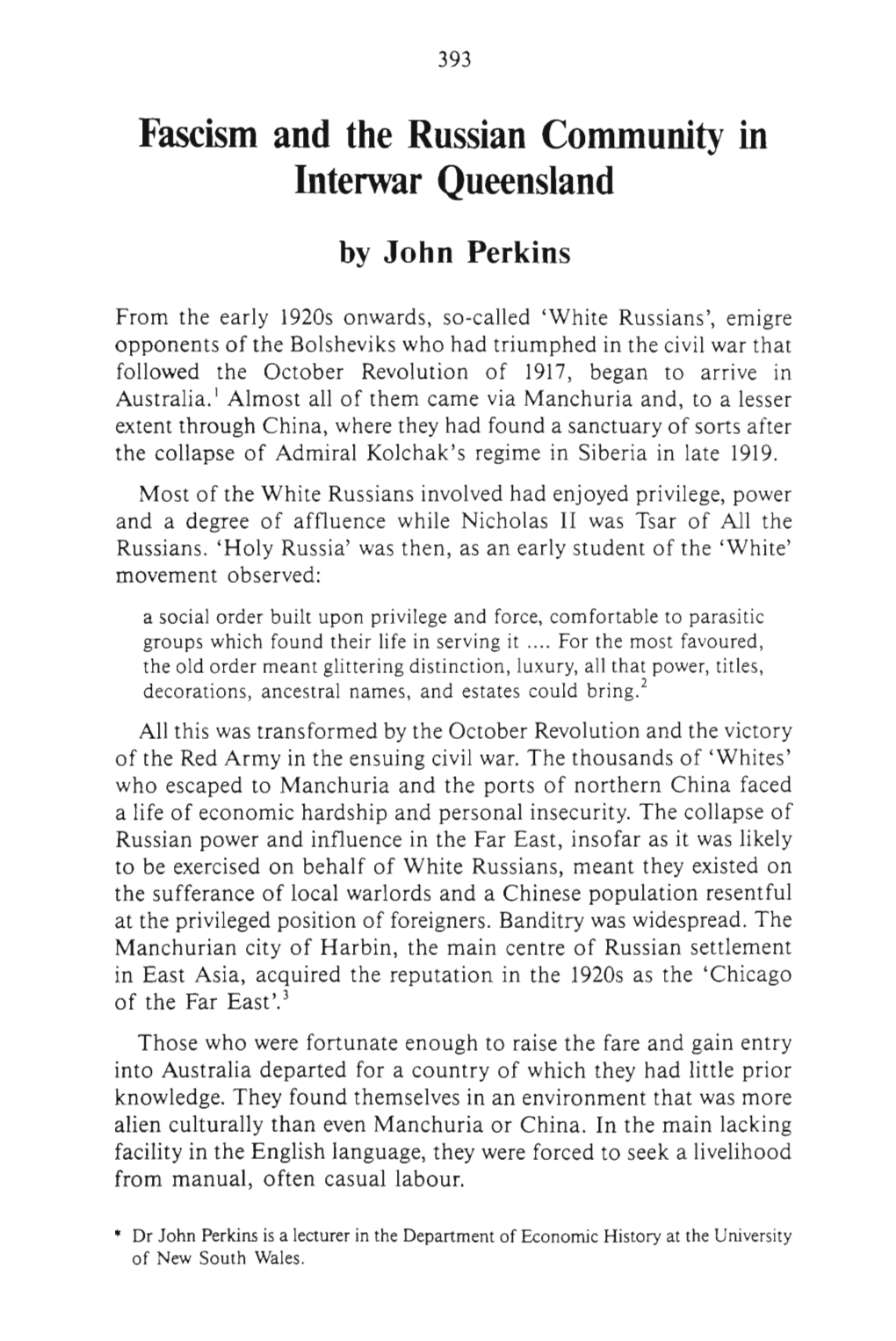 Fascism and the Russian Community in Interwar Queensland by John Perkins
