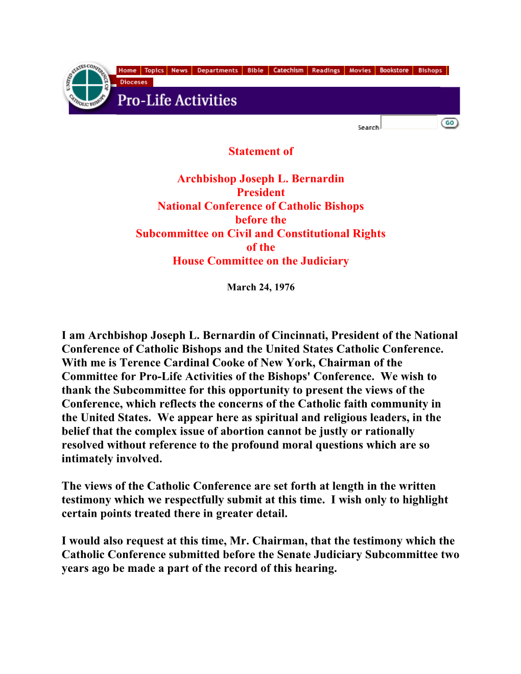 Testimony of Archbishop Joseph Bernardin