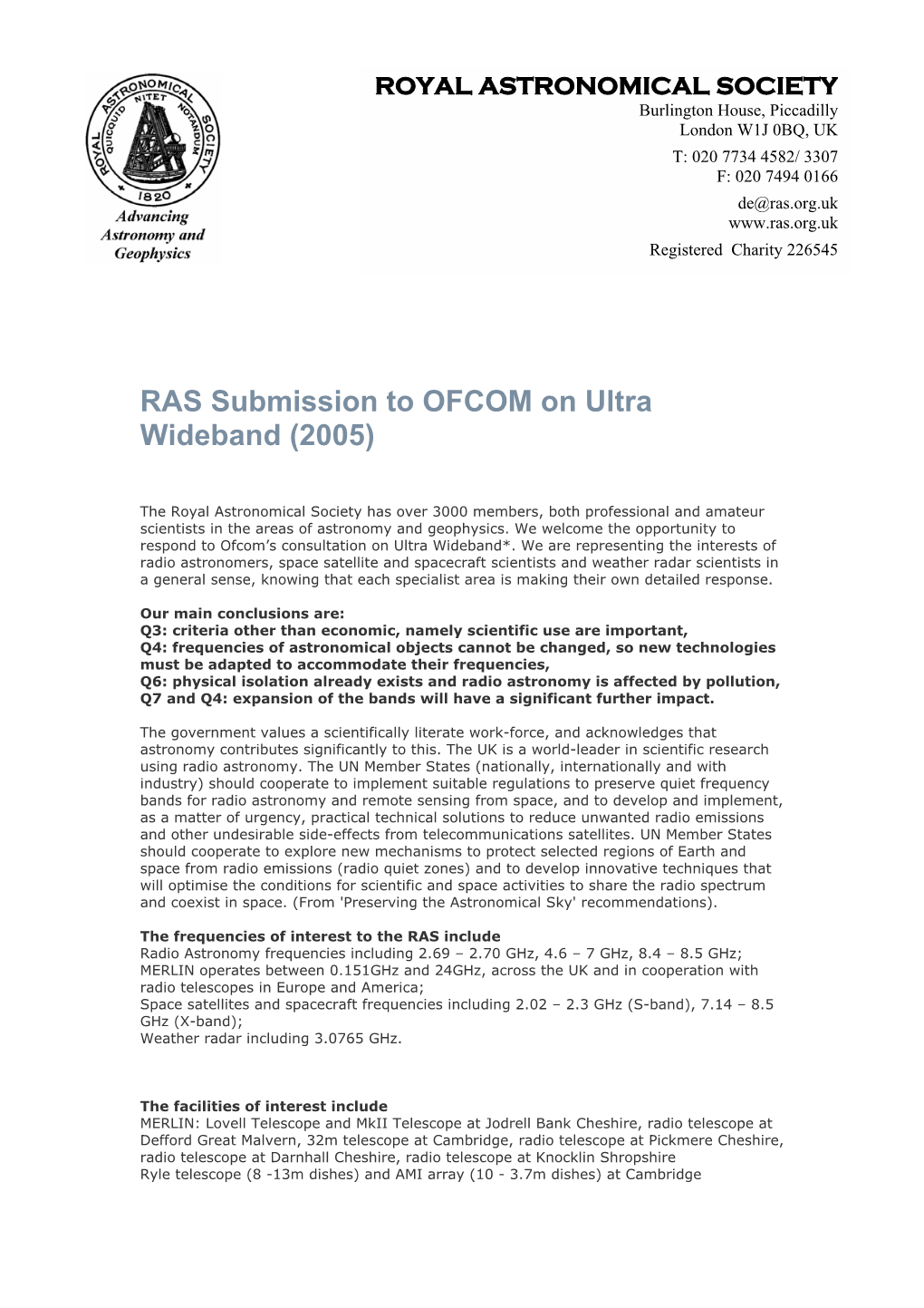RAS Submission to OFCOM on Ultra Wideband (2005)