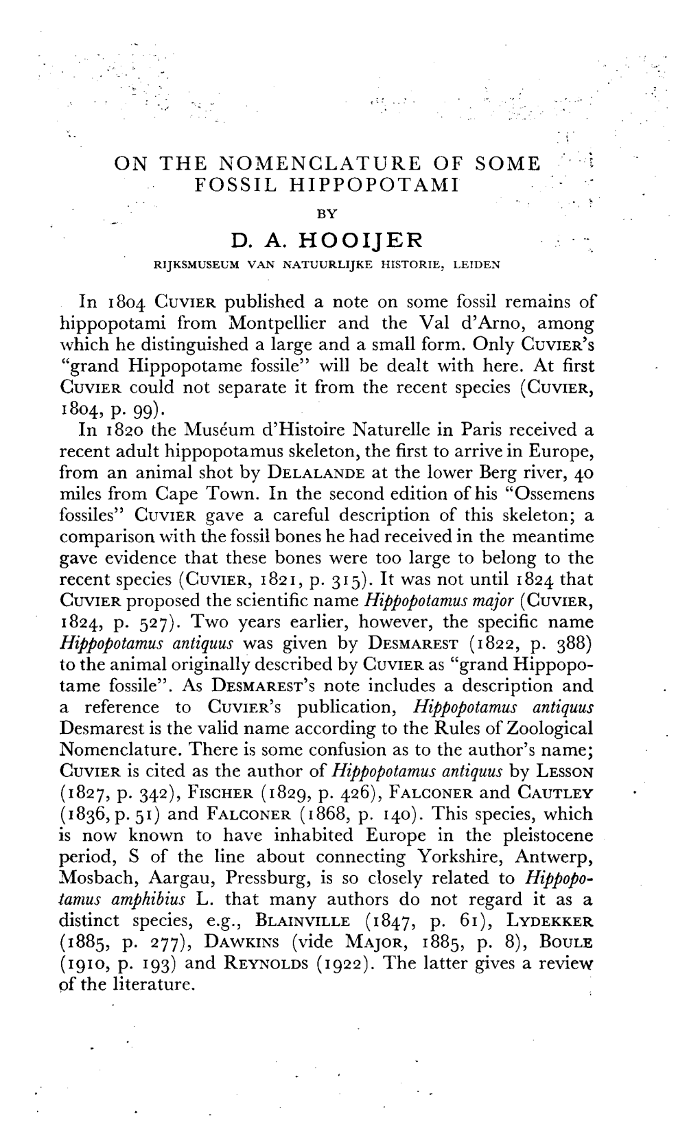 On the Nomenclature of Some Fossil Hippopotami by D. A