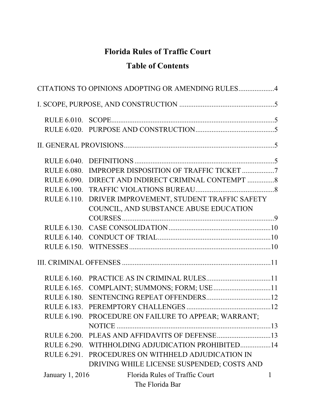 Florida Rules of Traffic Court Table of Contents