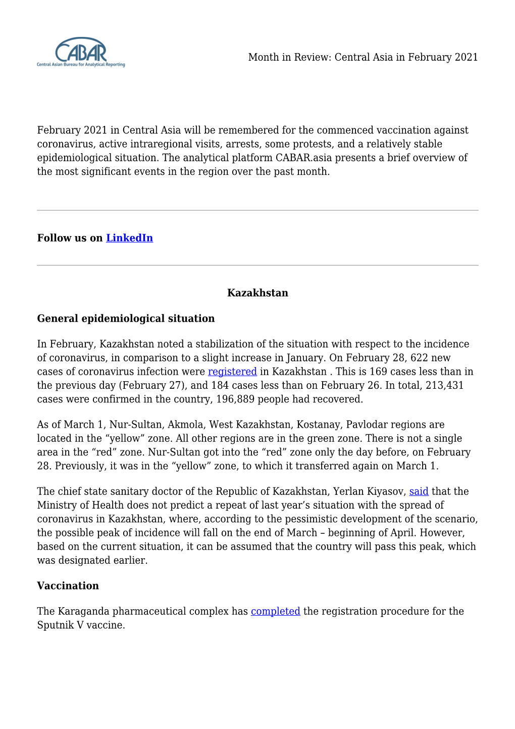 Month in Review: Central Asia in February 2021