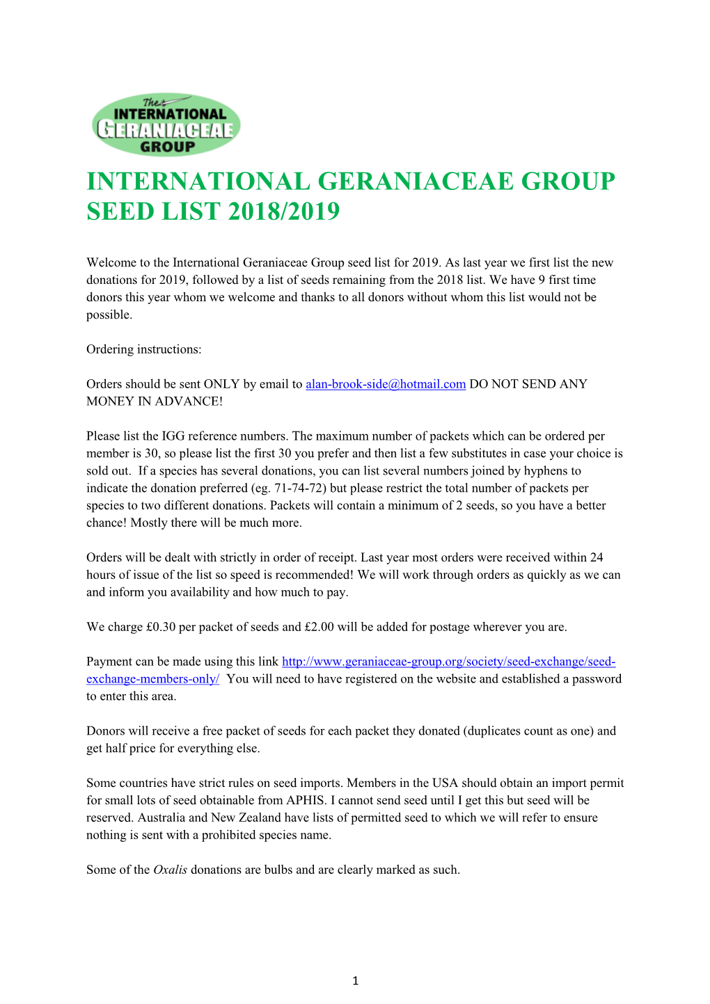 International Geraniaceae Group Seed List 2018/2019