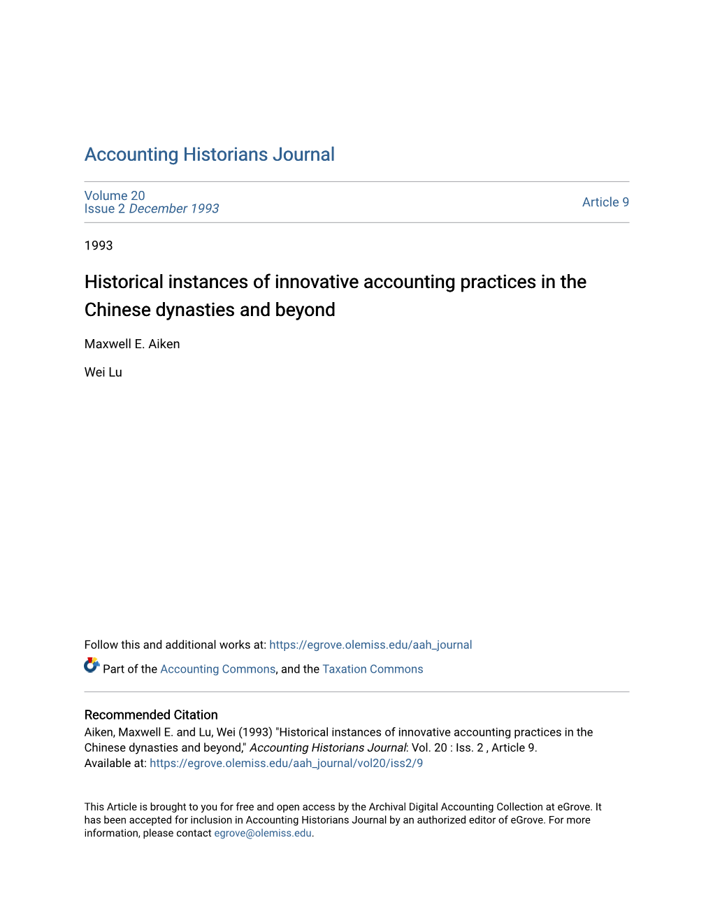 Historical Instances of Innovative Accounting Practices in the Chinese Dynasties and Beyond