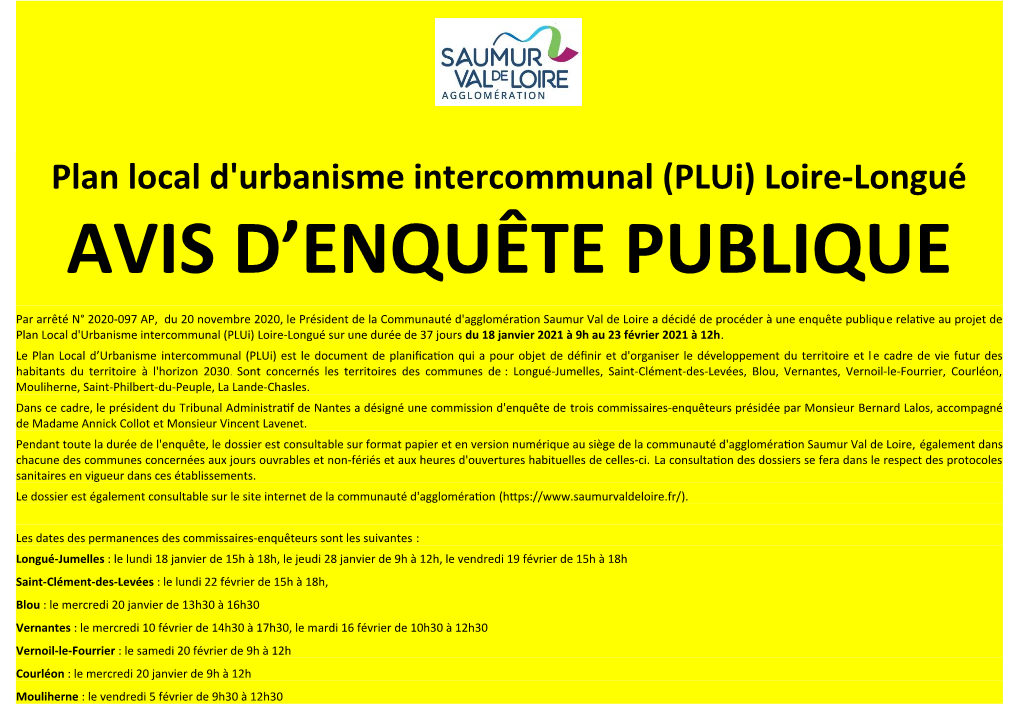 Plan Local D'urbanisme Intercommunal (Plui) Loire-Longué AVIS D’ENQUÊTE PUBLIQUE