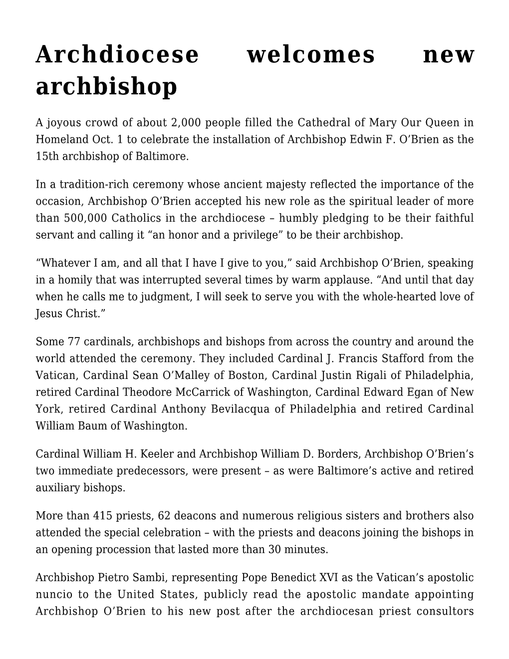 Archdiocese Welcomes New Archbishop