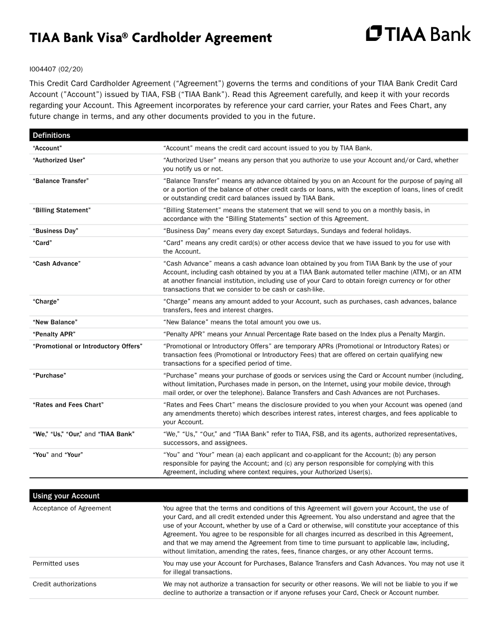 TIAA Bank Visa® Cardholder Agreement