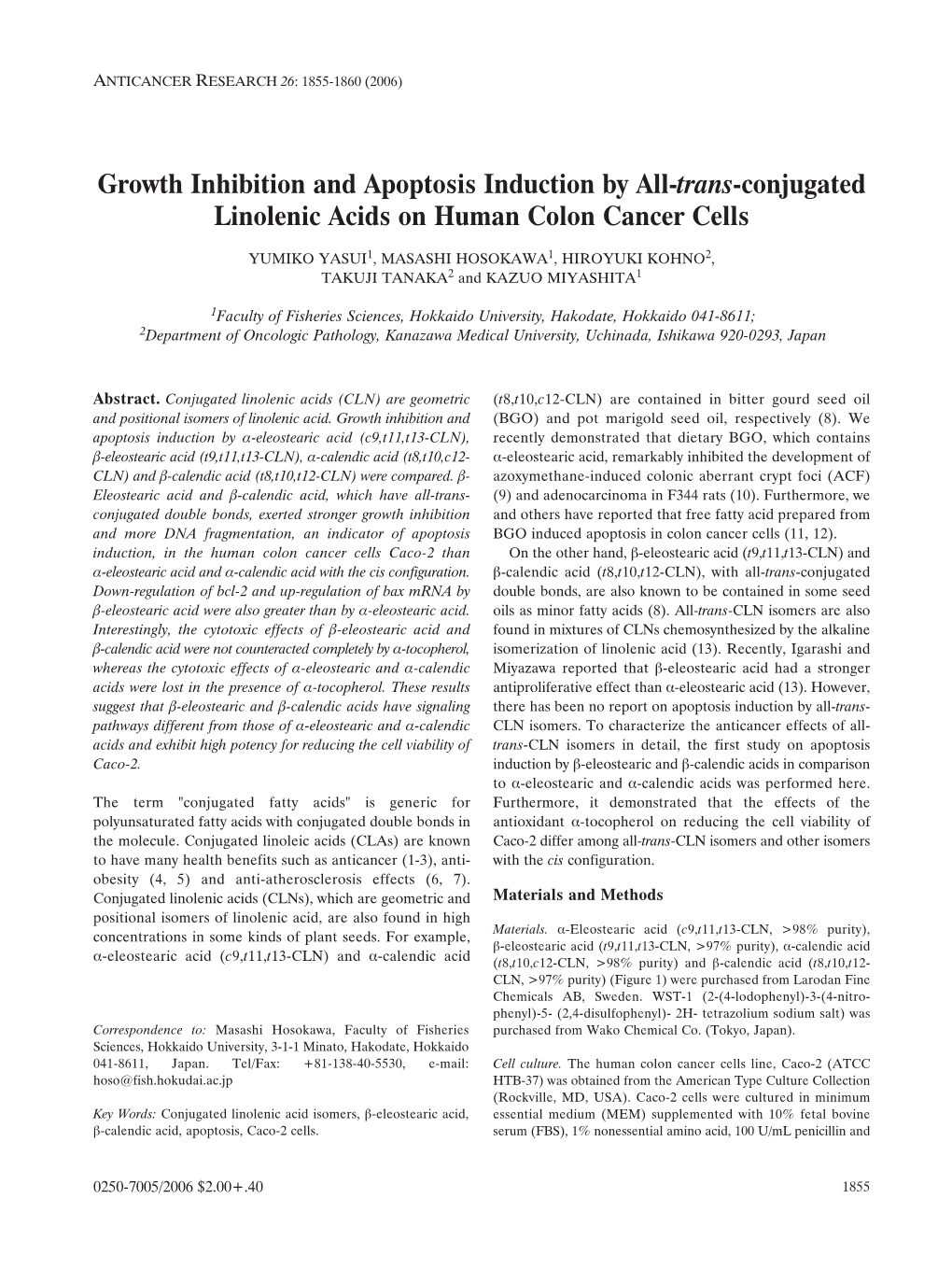 Growth Inhibition and Apoptosis Induction by All-Trans-Conjugated Linolenic Acids on Human Colon Cancer Cells