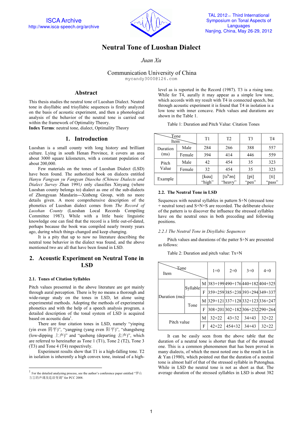 Neutral Tones of Luoshan Dialect Xu Juan From