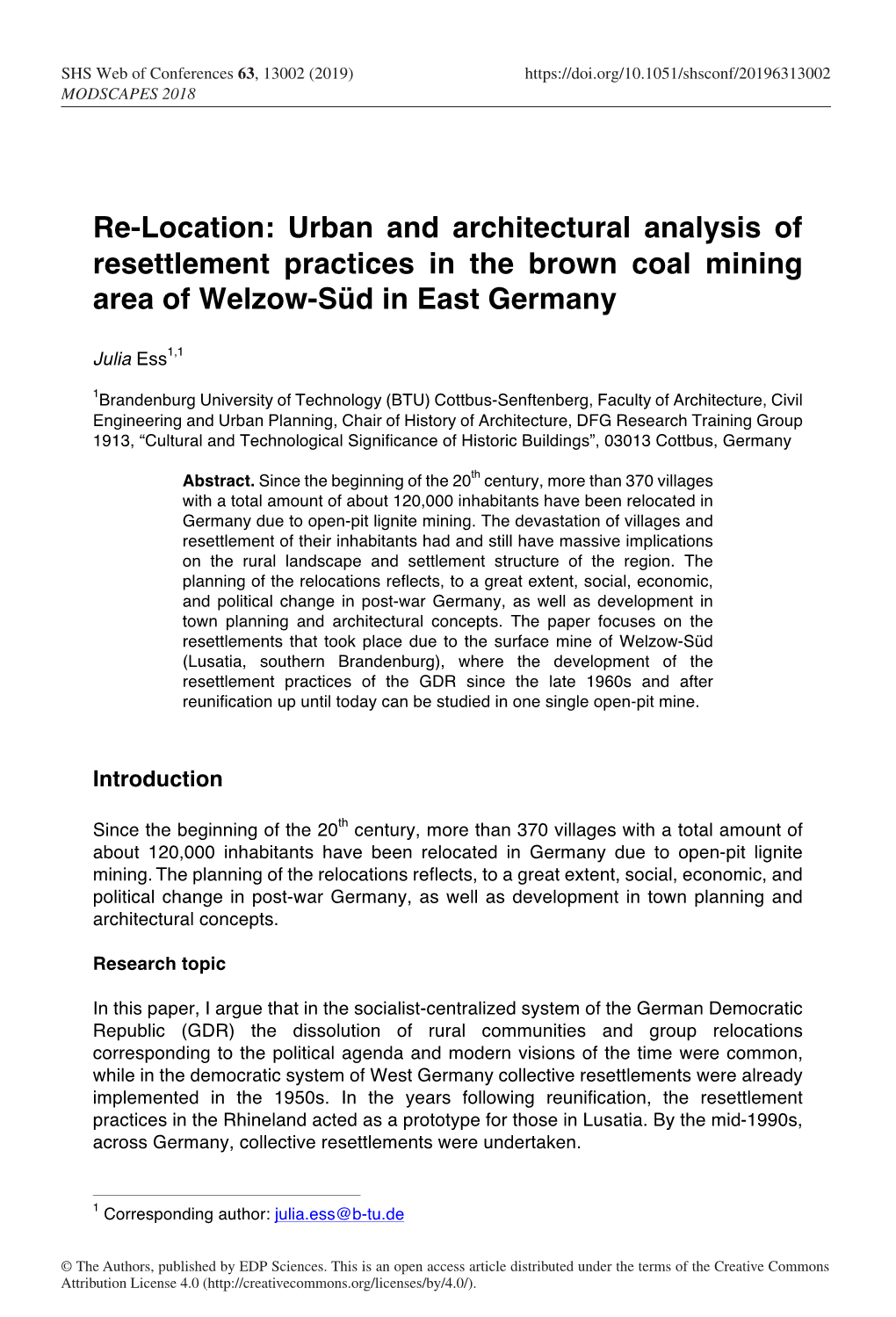 Urban and Architectural Analysis of Resettlement Practices in the Brown Coal Mining Area of Welzow-Süd in East Germany