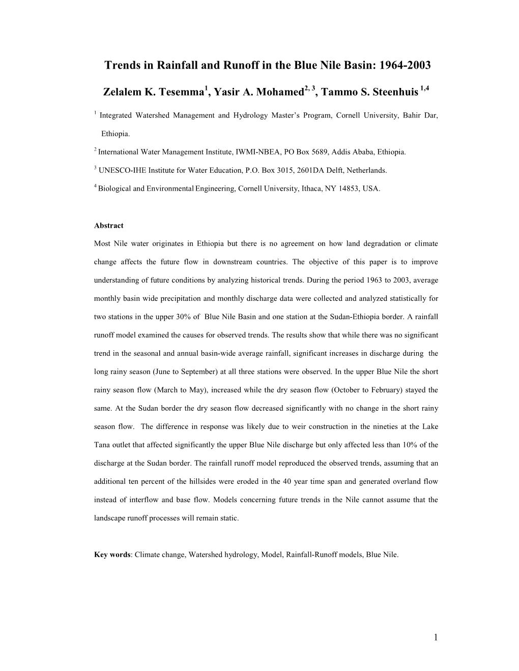 Trends in Rainfall and Runoff in the Blue Nile Basin: 1964-2003