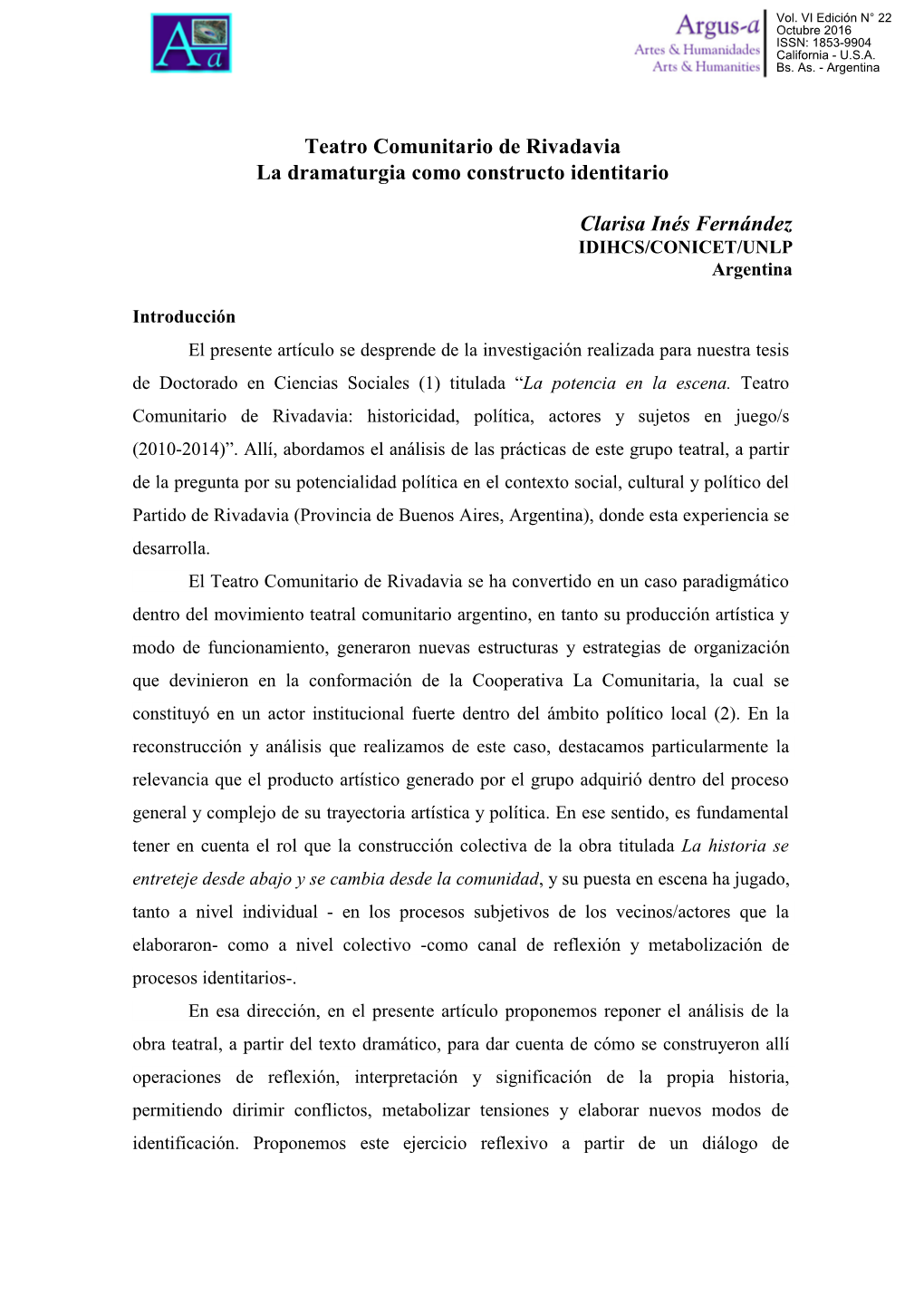 Teatro Comunitario De Rivadavia La Dramaturgia Como Constructo Identitario