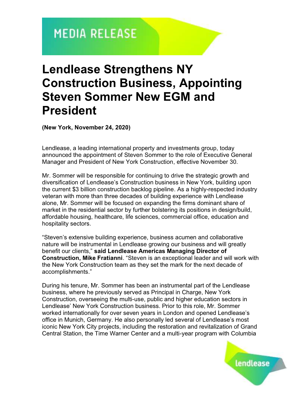 Lendlease Strengthens NY Construction Business, Appointing Steven Sommer New EGM and President