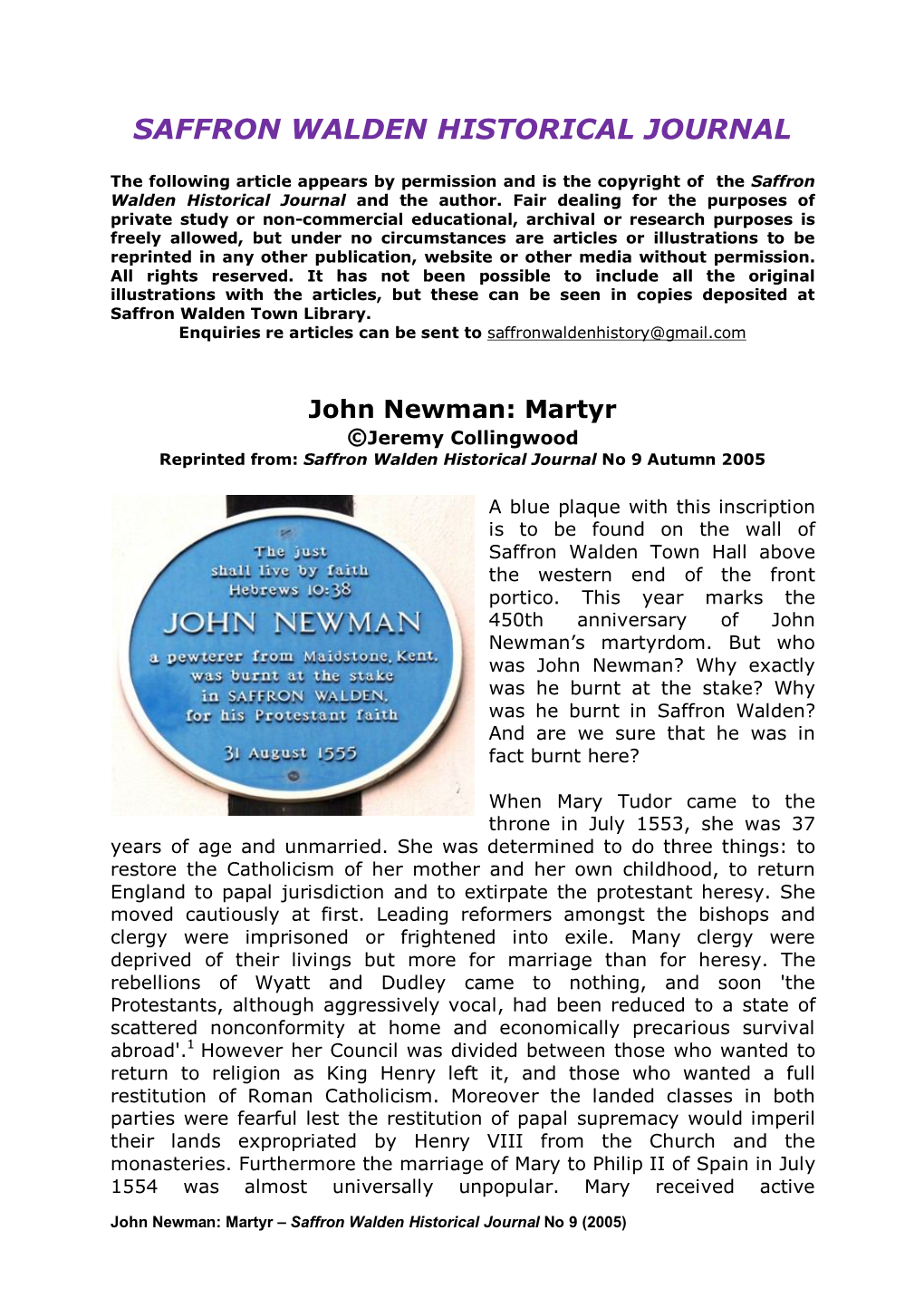 John Newman: Martyr ©Jeremy Collingwood Reprinted From: Saffron Walden Historical Journal No 9 Autumn 2005