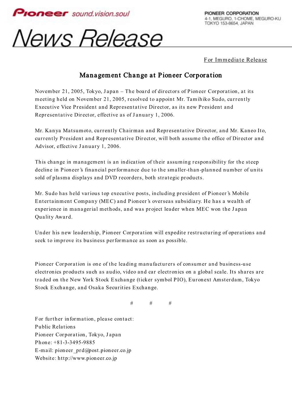 Management Change at Pioneer Corporation