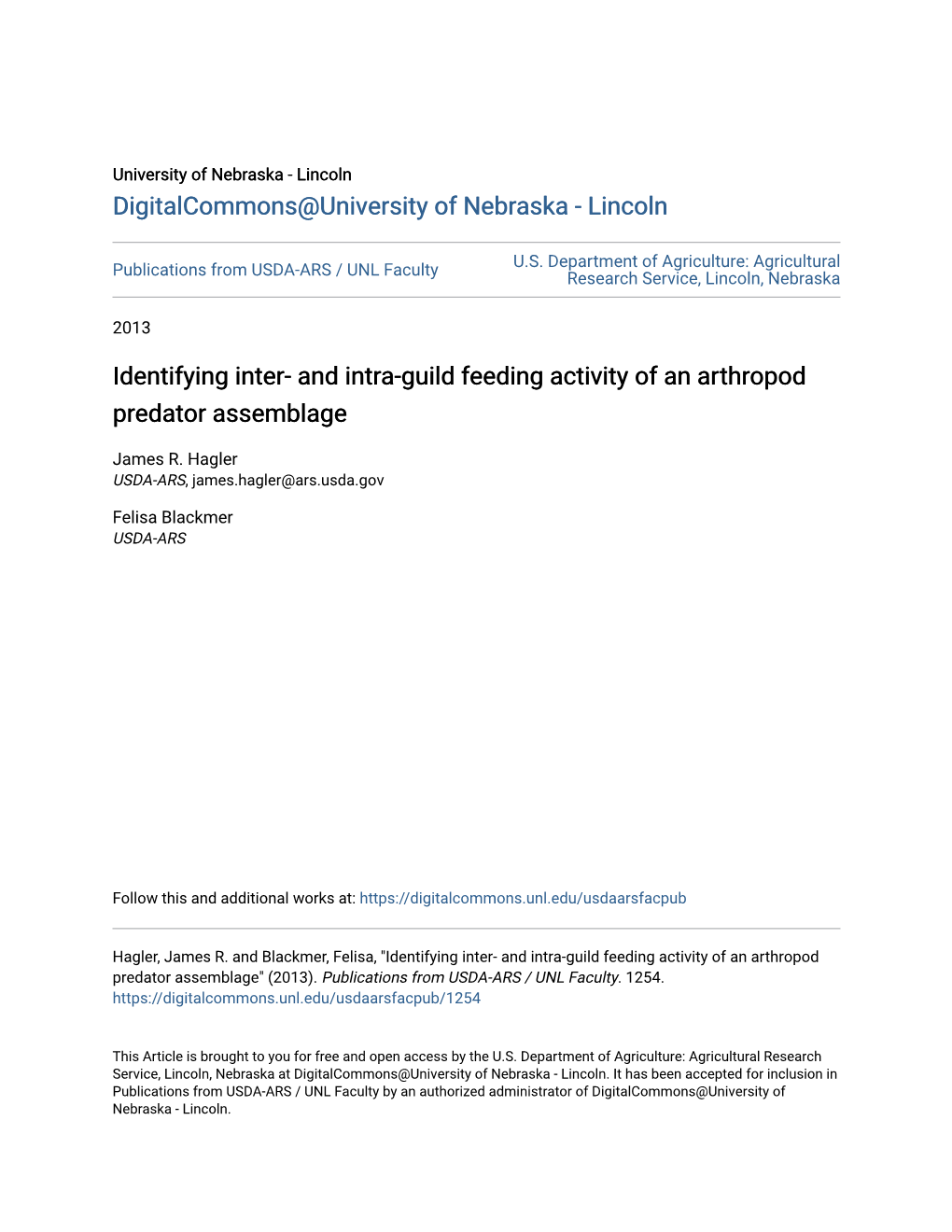 And Intra-Guild Feeding Activity of an Arthropod Predator Assemblage