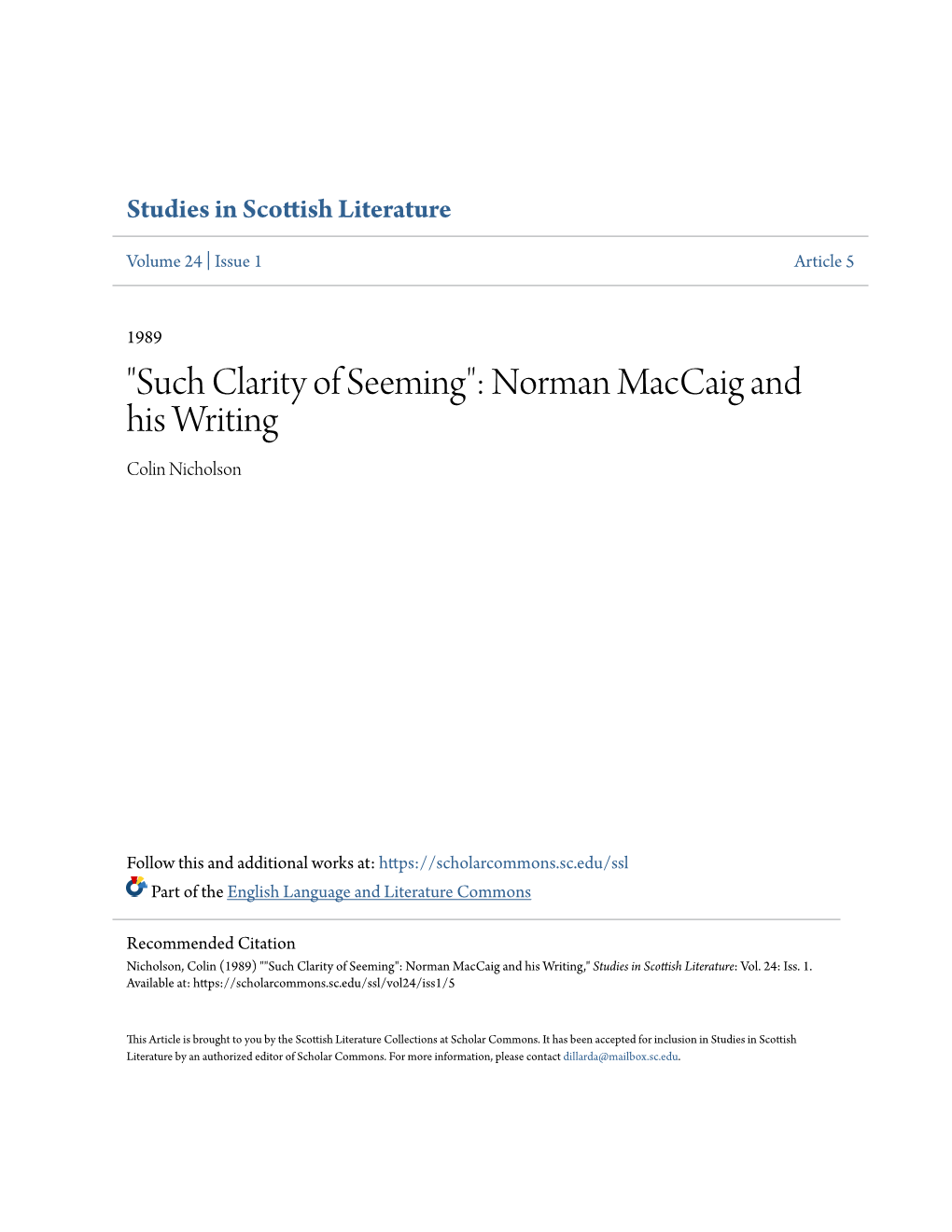 "Such Clarity of Seeming": Norman Maccaig and His Writing Colin Nicholson