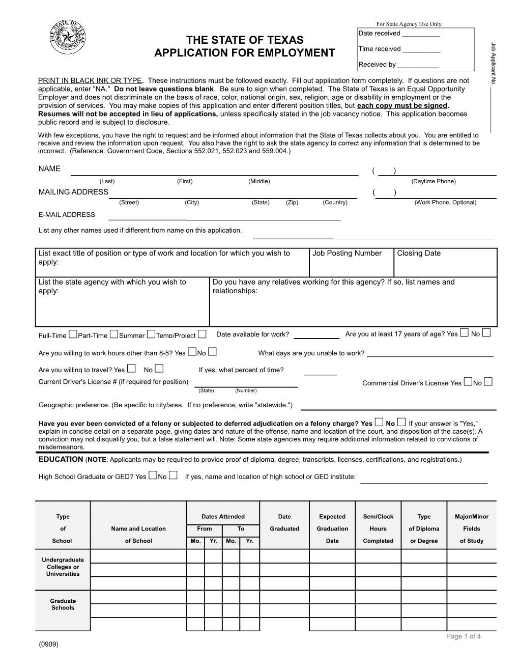 The State of Texas Application for Employment s1