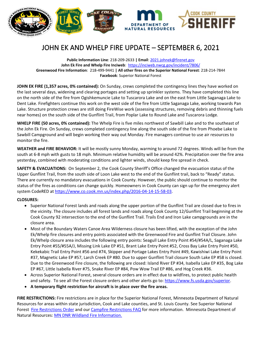 John Ek and Whelp Fire Update – September 6, 2021