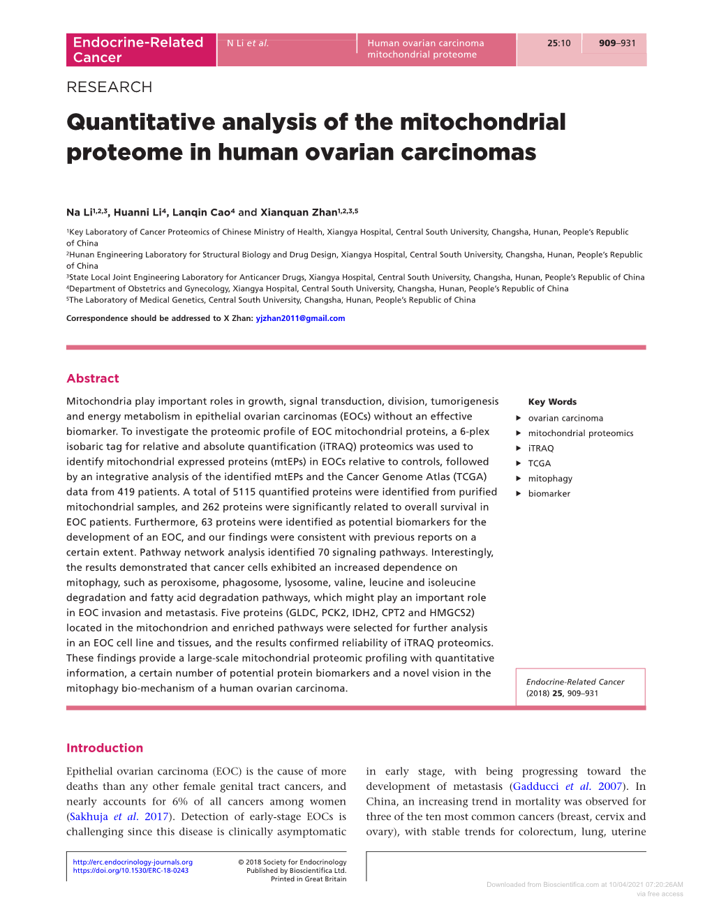 Quantitative Analysis of the Mitochondrial Proteome in Human Ovarian Carcinomas