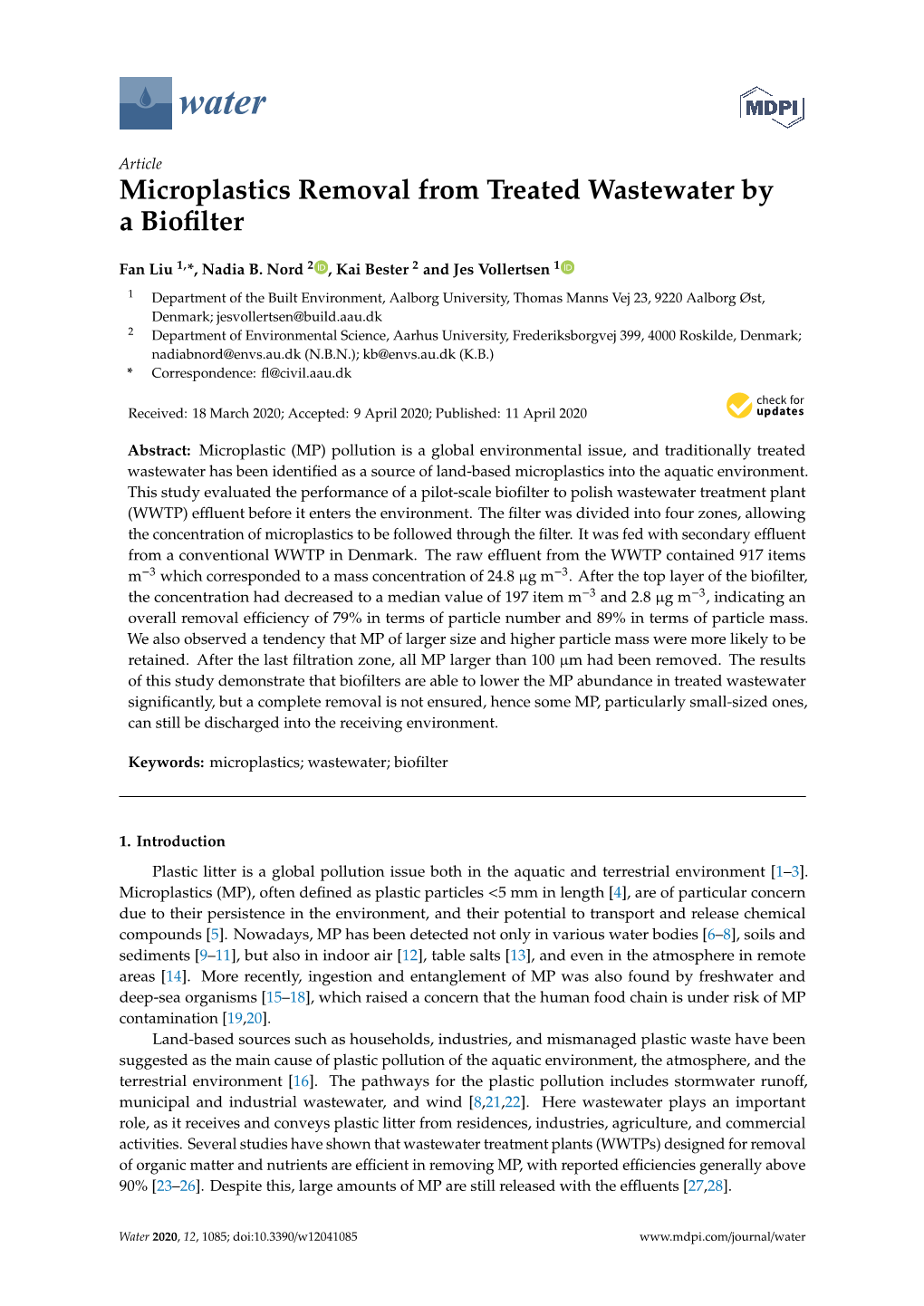 Microplastics Removal from Treated Wastewater by a Biofilter