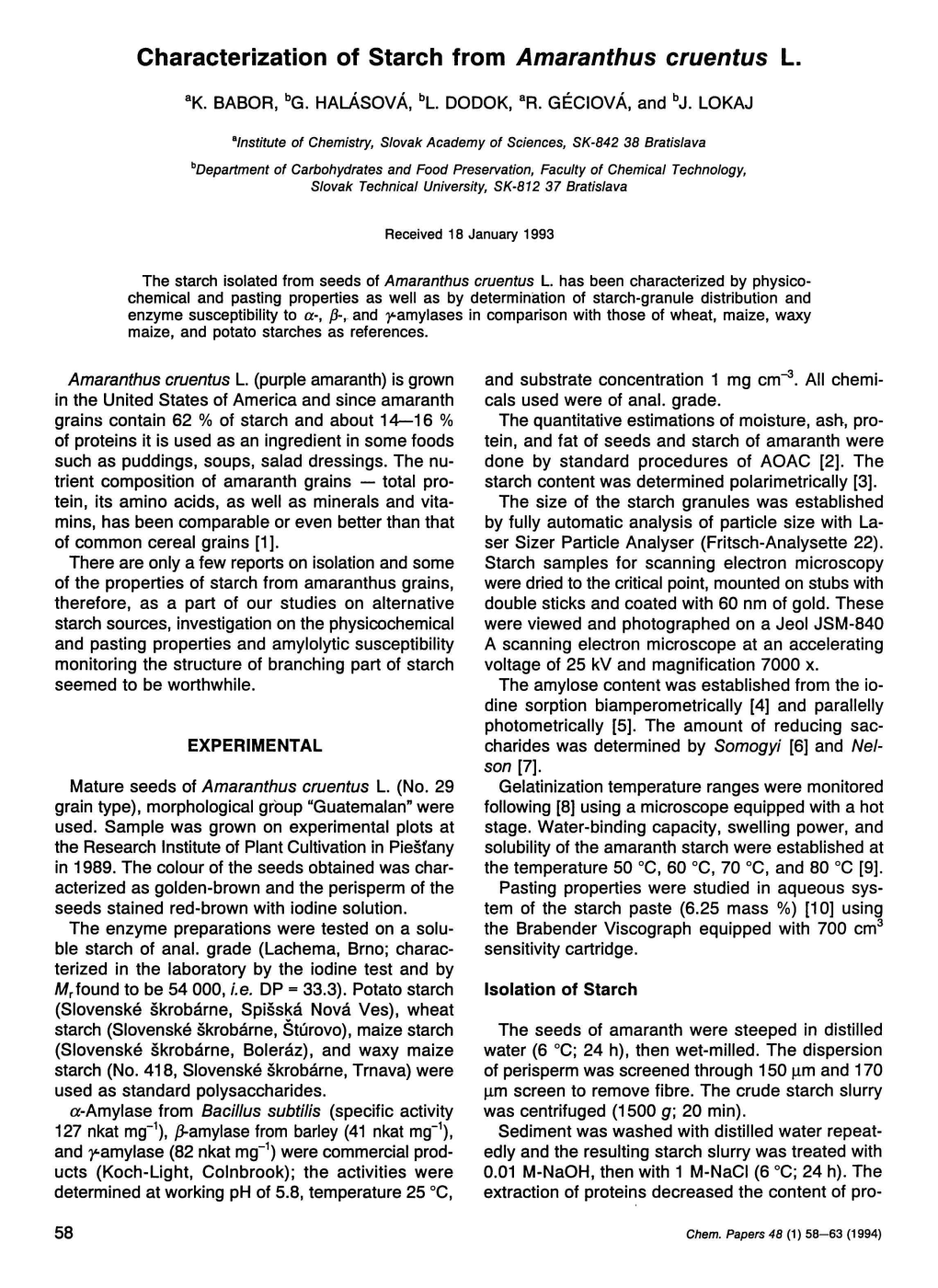 Characterization of Starch from Amaranthus Cruentus L