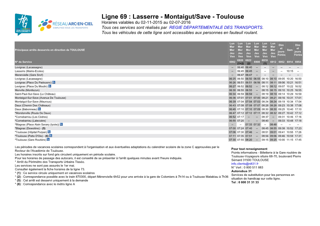 Ligne 69 : Lasserre - Montaigut/Save - Toulouse Horaires Valables Du 02-11-2015 Au 02-07-2016 Tous Ces Services Sont Réalisés Par REGIE DEPARTEMENTALE DES TRANSPORTS