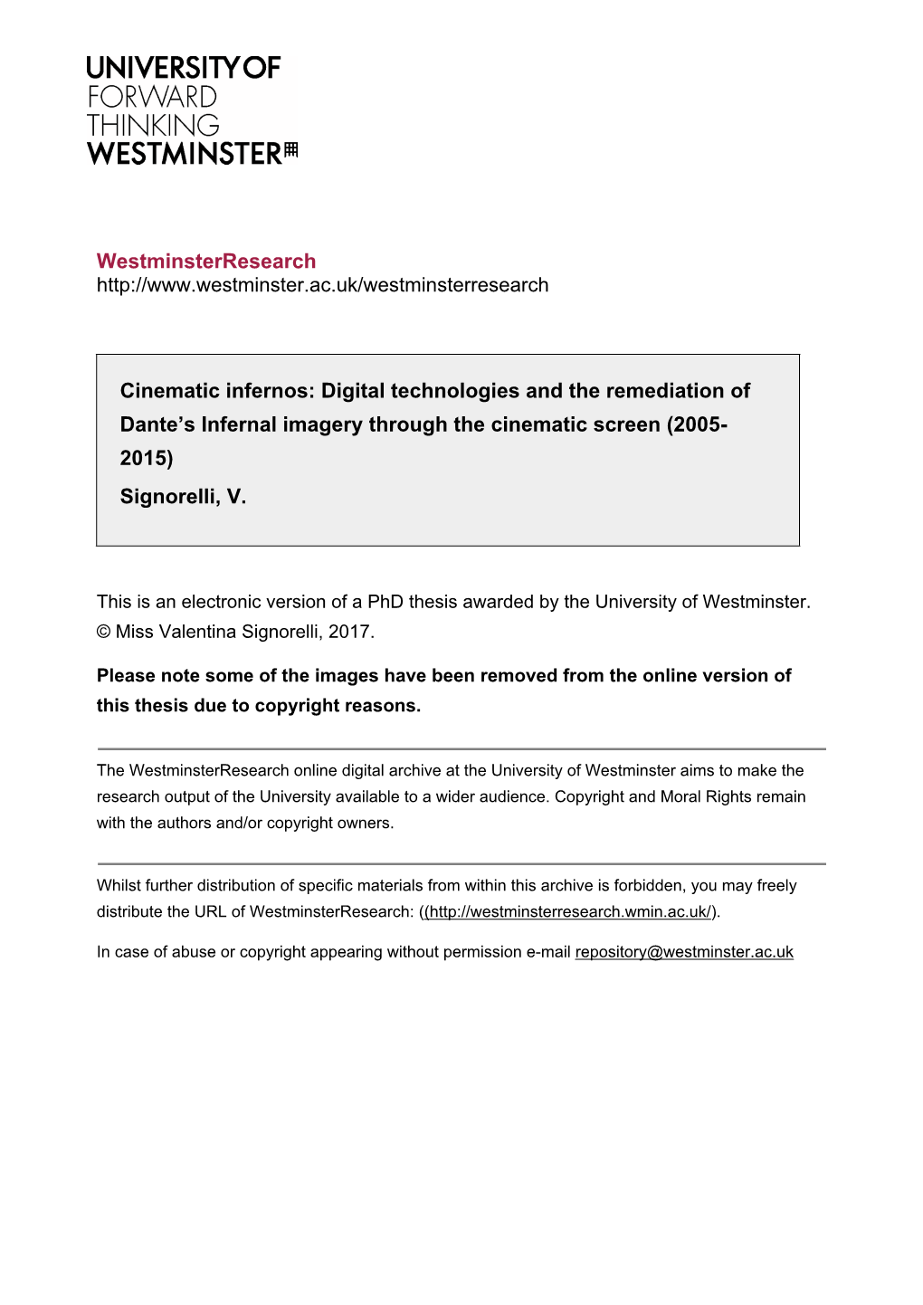 Digital Technologies and the Remediation of Dante’S Infernal Imagery Through the Cinematic Screen (2005- 2015) Signorelli, V